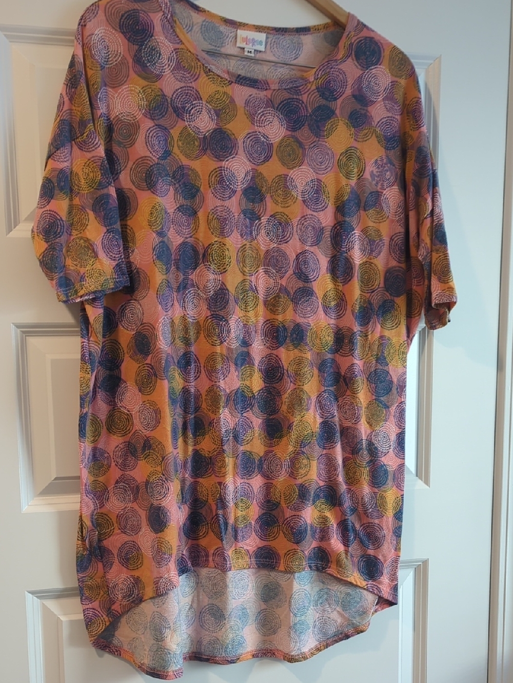 LuLaRoe Pink, Blue & Yellow Swirl Short Sleeve T  Shirt Dress P2P 29 L34